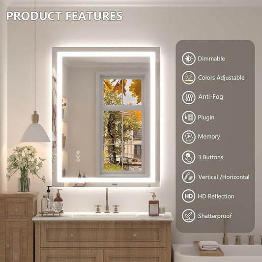 48x36 Inch LED Bathroom Mirror for Wall, Dimmable Vanity Mirror with Lights, Backlit and Front Lighted Mirror for Wall, Anti-Fog, Memory, Shatter-Proof