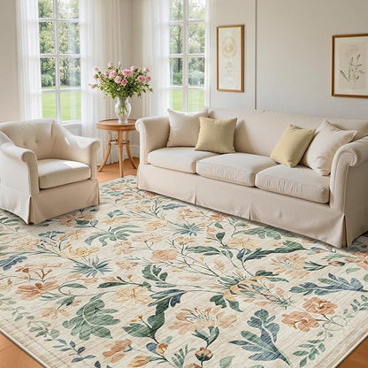 8x10 Area Rugs Washable Rug: Lagre Boho Living Room Rug Soft Non-Slip Thin Carpet Indoor Floor Non-Shedding Neutral Floral Carpets for Bedroom Dining Room Farmhouse Nursery Beige