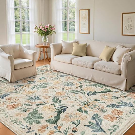 8x10 Area Rugs Washable Rug: Lagre Boho Living Room Rug Soft Non-Slip Thin Carpet Indoor Floor Non-Shedding Neutral Floral Carpets for Bedroom Dining Room Farmhouse Nursery Beige