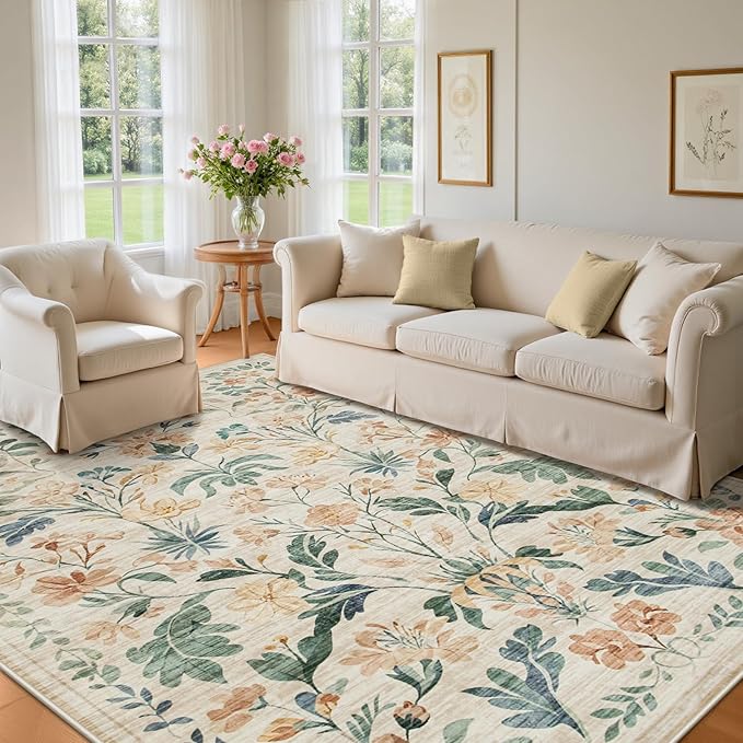 Area Rugs 9x12 Living Room: Lagre Boho Living Room Rug Soft Non-Slip Thin Carpet Indoor Floor Non-Shedding Neutral Floral Carpets for Bedroom Dining Room Farmhouse Nursery Beige