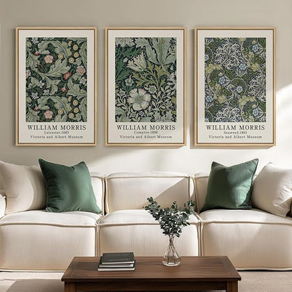 Large Framed William Morris Green Wall Art, 3 Piece Vintage Floral Canvas Prints, Retro Botanical Wall Decor for Living Room Bedroom Hallway Office, 24x36 Inch