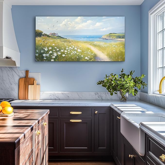 SERIMINO Coastal Landscape Large Wall Art, Country Scenic Canvas Art Wall Decor, Meadow Wildflowers Nature Art Prints, Rustic House Decorations Living Room Bedroom Above Bed Wall Pictures 24"X48"