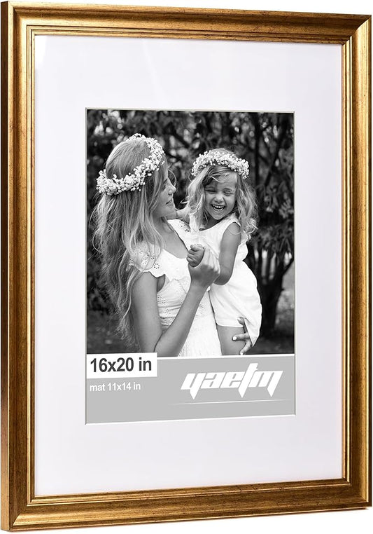 Yaetm 16x20 Gold Picture Frame Matted to 11x14 Set of 4, 1.4" Wide Molding & Rustic Golden 16x20 Frame for Wall Gallery, Home and Office, Wall Mount, 4 Pack