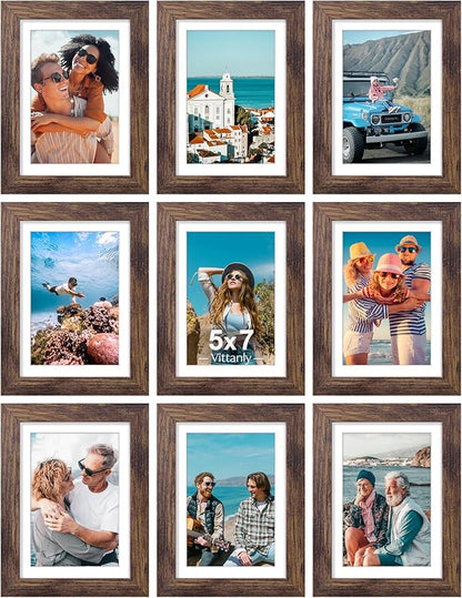 Vittanly 5x7 Picture Frames Set of 9, Shatter Resistant Plexiglass, Display 4x6 Pictures with Mat or 5x7 without Mat, Photo Frames for Wall or Tabletop, Engineered Wood, Brown