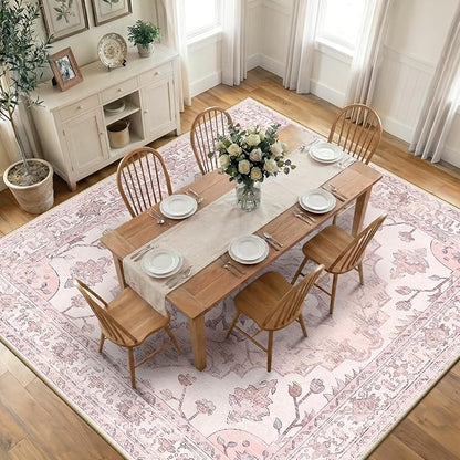 RELEANY Area Rugs Square 10ft Washable Non-Slip, Floral Vintage Distress Print Pattern Medallion Carpet for Living Room Bedroom Dining Room, Pink Greypink Cute