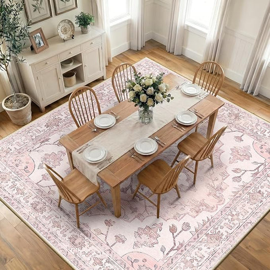 RELEANY Area Rugs Square 10ft Washable Non-Slip, Floral Vintage Distress Print Pattern Medallion Carpet for Living Room Bedroom Dining Room, Pink Greypink Cute