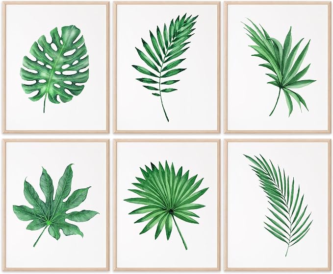 DREAM BIG PRINTABLES Tropical Leaves Wall Art Prints (Set of 6) - Botanical, Vintage, Aesthetic - Unframed 8x10s - Green Leaf Pattern - Indoor, Kitchen, Living Room