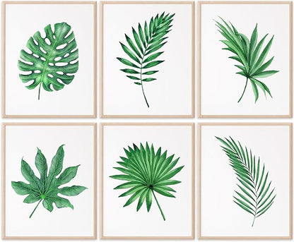 DREAM BIG PRINTABLES Tropical Leaves Wall Art Prints (Set of 6) - Botanical, Vintage, Aesthetic - Unframed 8x10s - Green Leaf Pattern - Indoor, Kitchen, Living Room