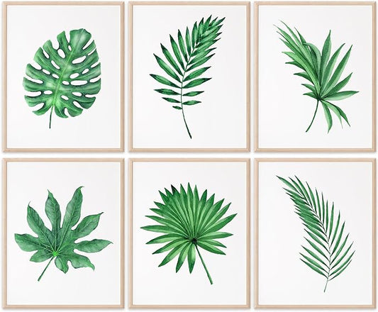 DREAM BIG PRINTABLES Tropical Leaves Wall Art Prints (Set of 6) - Botanical, Vintage, Aesthetic - Unframed 8x10s - Green Leaf Pattern - Indoor, Kitchen, Living Room