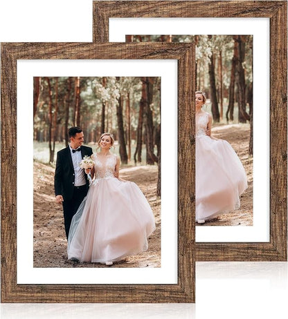 iRahmen 10x14 Picture Frame with Mat 8x12 - High Definition Tempered Glass Wooden Photo Frames for Wall Mounting (Brown, Set of 2)