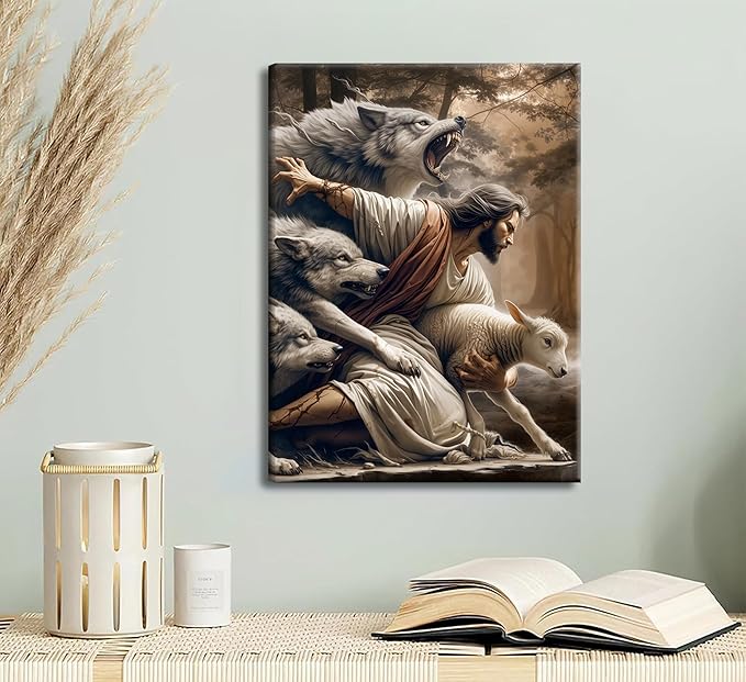 Jesus and Lamb Canvas Wall Art Jesus Saves the Lost Sheep Christian Wall Decor Painting Shepherd Protect a Lamb from Wolves Picture Poster Print Artwork for Living Room Bedroom Church Decor 24x36in