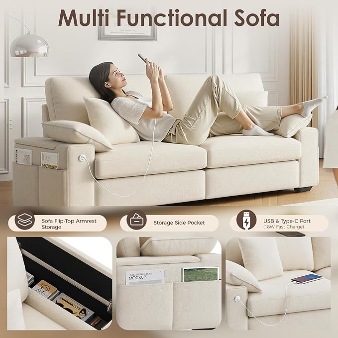 76" Modern Loveseat Couches for Living Room, Comfy Loveseat Sofa with Deep Seat Couch, USB/Type-C Port, Side Storage, Removable Cover, Small Couches for Living Room, Beige