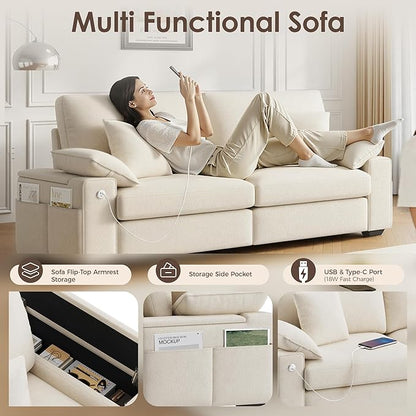 76" Modern Loveseat Couches for Living Room, Comfy Loveseat Sofa with Deep Seat Couch, USB/Type-C Port, Side Storage, Removable Cover, Small Couches for Living Room, Beige
