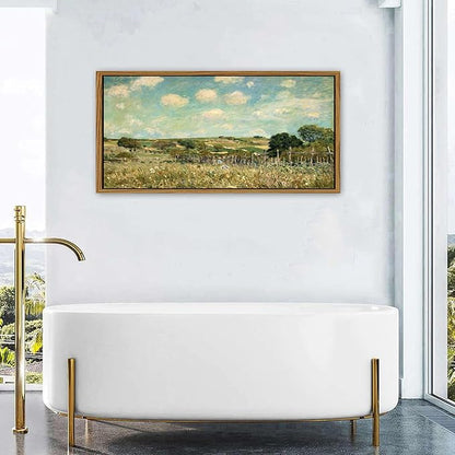 Rustic Grassland Wall Art Canvas Wooden Framed Vintage Green Forest Pictures Wall Decor Countryside Wildflower Landscape Painting Prints Abstract Artwork for Living Room Bedroom Home Decoration 24x48