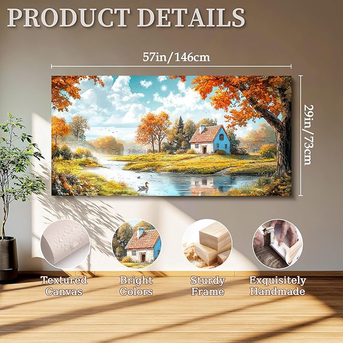 SERIMINO Fall Landscape Large Wall Art, Forest Cottage Rustic Wall Decor, Lake Duck Farmhouse Canvas Painting, Nature House Decorations Living Room Bedroom Dining Room Cottagecore Art Prints 29"X57"