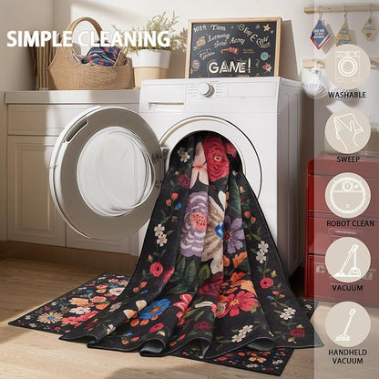 Black/Brown Floral Rug for Entryway, 2x3 Washable Kitchen Mat Ultra-Thin Soft, Non-Slip Indoor Door Carpet Stain Resistant Boho Small Low-Pile Throw for Bathroom Bedroom (2 x 3, Black/Brown)