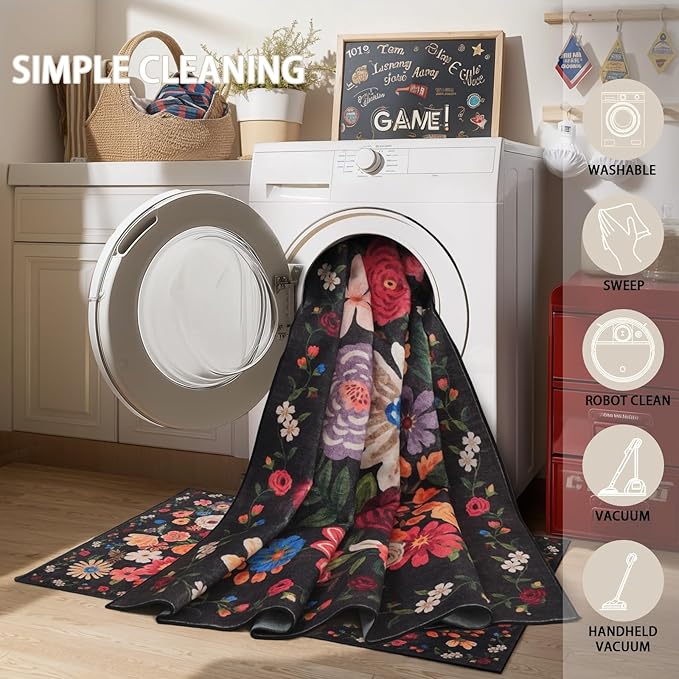 Rug for Hallways Kitchen Rug 3x7, Non Slip Washable Runner Rug with Rubber Backing Soft Floral Carpet for Hallways, Kitchen, Laundry, Bedroom, Bathroom (3 x 7, Black/Brown)