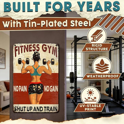 Women‘s Gym Motivational Metal Sign “No Pain No Gain And Train” - 8x12 Inch Vintage Tin Wall Art for Home Gym, Workout Room & Funny Gift Decor