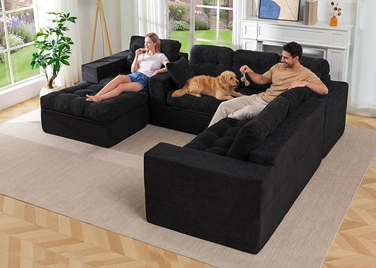 MAXYOYO Modular Sectional Sofa with Ottoman and Loveseat, Cloud Boneless Couch with Layered Cushion, Flexible Module Combination Sofa for Living Room, No Assembly Required,Black