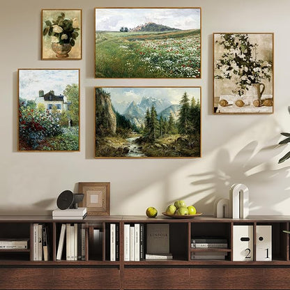 crmotu Vintage Framed Wall Art, Mountain River Landscape Canvas Painting, Pine Tree Forest Art Prints, Rustic Farmhouse Home Decorations, Pictures Wall Decor Living Room Bedroom Cottage 20x30in