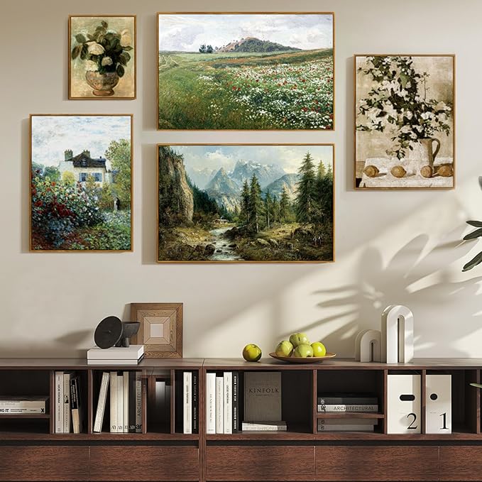 crmotu Vintage Framed Wall Art, Mountain River Landscape Canvas Painting, Pine Tree Forest Art Prints, Rustic Farmhouse Home Decorations, Pictures Wall Decor Living Room Bedroom Cottage 16x24in