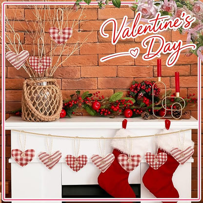 Soulchen 12 Pcs Valentine's Day Heart Ornaments Vintage Fabric Stuffed Heart Hanging Ornaments Rustic Red Buffalo Plaid Hanging Decor with Button for Tree Farmhouse Anniversary Wedding Party, 3 Style