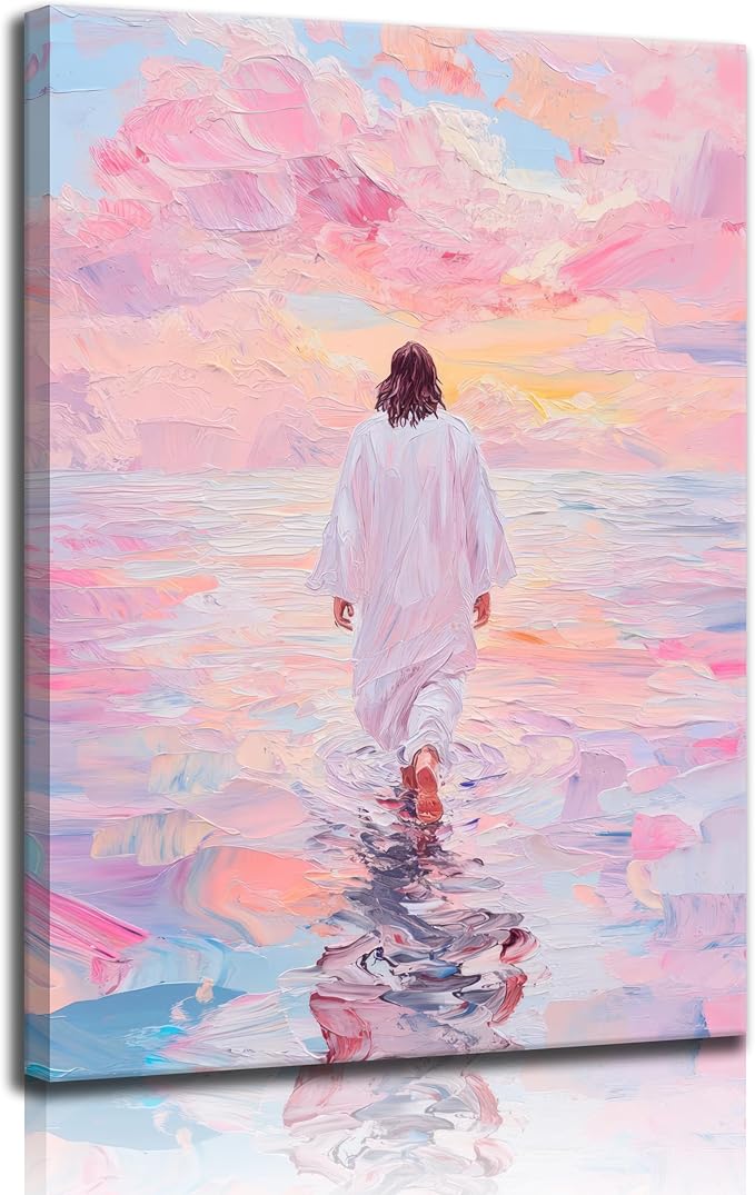 Jesus Canvas Wall Art Pink Jesus Walks on Water Canvas Paintings Prints Religious Savior Wall Decor Christian Bible Stories Poster printing Artwork for Living Room Bedroom Church Decoration 24x36in