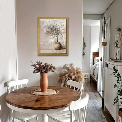 Vintage Olive Tree Canvas Wall Art, Farmhouse Aesthetic Oil Painting, Rustic Potted Plant Wall Decor, Neutral Botanical Print Artwork Picture for Living Room Kitchen Home Decor 16x24 Inch Framed