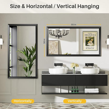 Briivue 55x30 Inch Black Bathroom Mirror for Wall, Thick Metal Framed Rectangle Mirrors for Over Sink, Bedroom, Living Room, Entryway, Anti-Rust, HD Tempered Glass