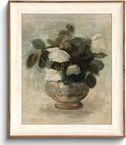 Uniro Vintage Floral Wall Art Framed, Neutral Flower Still Life Oil Painting, White Roses Canvas Prints Artwork with Antique Frame, Farmhouse Wall Decor for Bedroom, Kitchen, Shelf, Bathroom Wall Decor, Cottagecore Room Decor - 10x12Inch
