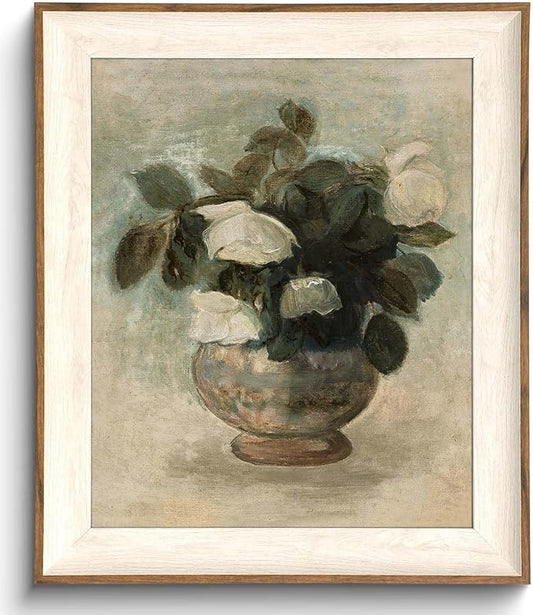 Uniro Vintage Floral Wall Art Framed, Neutral Flower Still Life Oil Painting, White Roses Canvas Prints Artwork with Antique Frame, Farmhouse Wall Decor for Bedroom, Kitchen, Shelf, Bathroom Wall Decor, Cottagecore Room Decor - 10x12Inch
