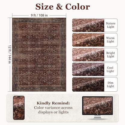 Brick Red Area Rugs 9x12 Living Room, Vintage Distressed Rustic Washable Rugs for Bedroom Non Slip, Low Pile Thin Large Carpet Rug for Dining Room Stain-Resistant, Earth Tone Brick Color