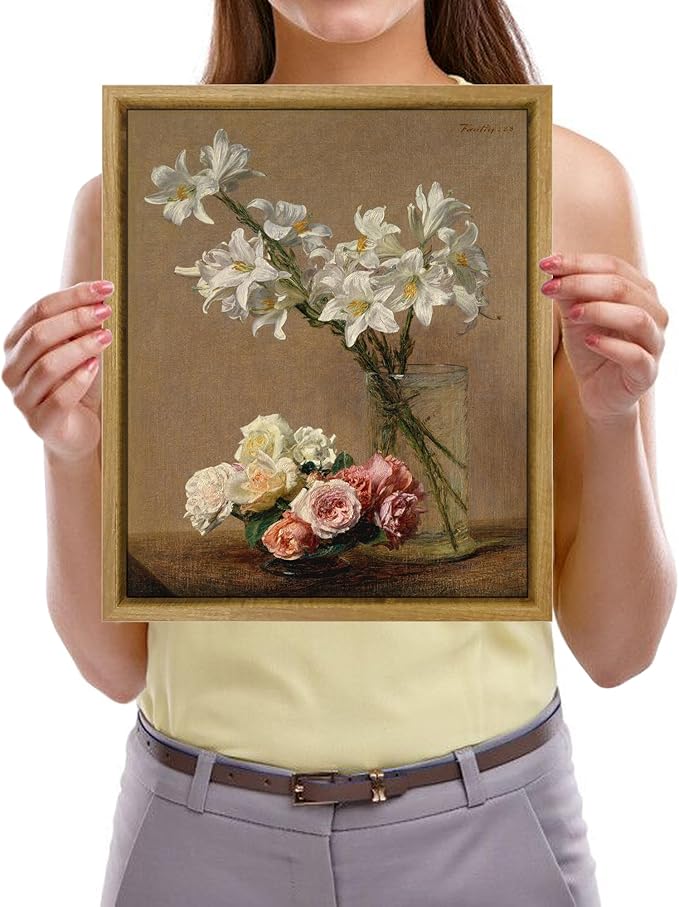 Pyradecor Vintage Retro Framed Wall Art Home Decor Roses and Lilies Canvas Prints Classical Floral Painting Vintage Wall Decor for Laundry Room Farm House Decor