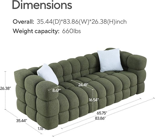 86" Cloud Couch Boucle 3 Seater with Solid Wood Frame & 2 Throw Pillow, Mid Century Modern Plush Couch for Living Room, ALO2269-GR