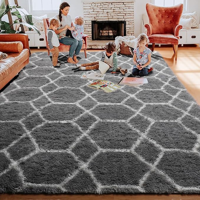 ONASAR 5x7 Area Rugs for Living Room Bedroom, Fluffy Grey and White Faux Fur Bedside Rug, Geometric Boho Soft Plush Shaggy Floor Carpet Mat for Nursery Kids Girls Teen Dorm Home Decor