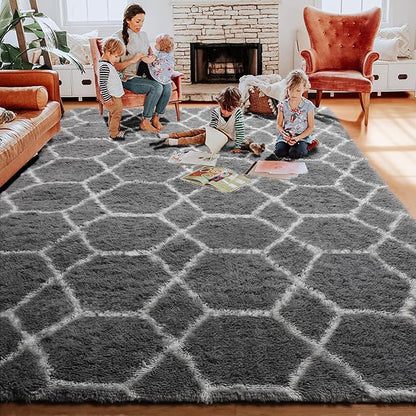 ONASAR Area Rugs for Living Room Bedroom, 5x8 Fluffy Grey and White Rug, Geometric Boho Soft Plush Shaggy Fuzzy Floor Carpet for Nursery Kids Girls Boys Teen Dorm Home Decor Aesthetic