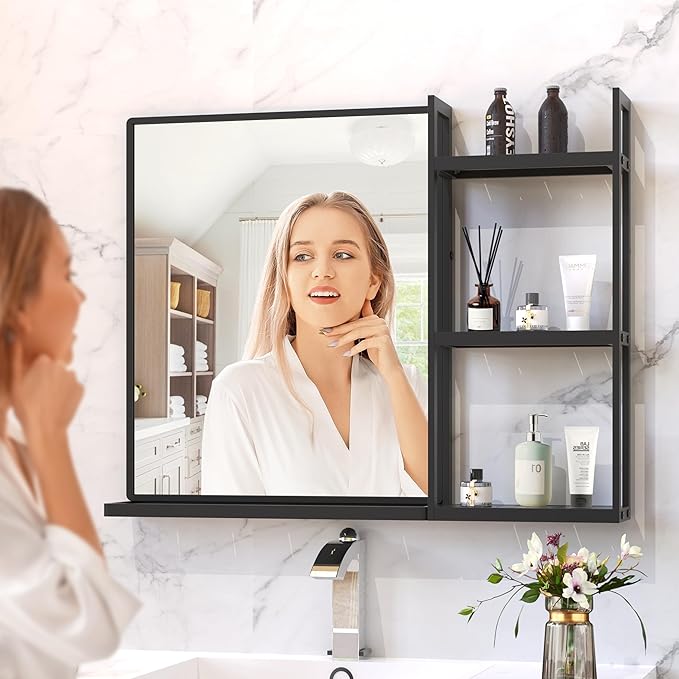 Black Metal Framed Bathroom Mirror with Shelf, 24.4 X 31 in Rectangular Wall Mounted Bathroom Vanity Mirror, Modern Bathroom Mirror with Storage for Over Sink, Entryway (Black)
