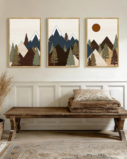 Drsoum Morden Mountains Landscape Wall Art Framed Boho Pine Tree Forest Nature Prints Boho Farmhouse Rustic Artwork Hallway Bedroom Ready to Hang 16x24in Natural Framed