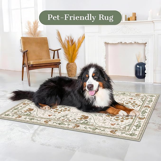 Floral 2x3 Washable Vintage Entryway Rug Non Slip Low Pile Small Rugs, Front Door Rugs for Entrance Kitchen Bedroom Laundry Bathroom,Beige White