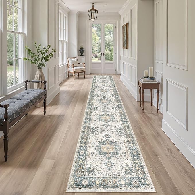 EIEIHOUSE Washable 2.6x14 Runner Rug - Area Rugs Neutral Vintage Distressed Floral Farmhouse Boho Large Soft Floor Rug Indoor Carpet for Hallway Entryway Home - Green/Grey