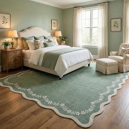 GarveeHome Scalloped Area Rugs 8x10 for Living Room, Sage Green Large Washable Rug Soft Non Slip Backing Floor Mat Carpet Indoor Thin Rug for Bedroom Dining Room Playroom Nursery Home Decor