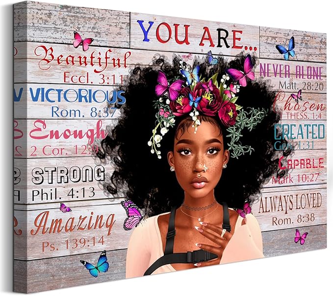 WOWGOOMO Vintage African American Women Wall Art Fashion Black Girl Portrait Canvas Pictures You Are Bible Quotes Poster for Living Room Bedroom Home Office Framed Inspirational Gift for Women 20"x24"