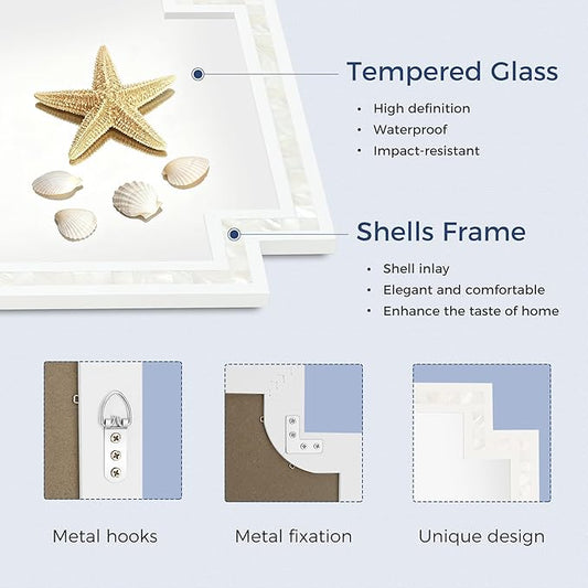 Tanmicoshomy 24 x 36 Inch White Bathroom Mirrors for Wall, Decorative Shell Inlay Mosaic Rectangle Mirrors with Tempered Glass for Bedroom, Living Room or Entryway