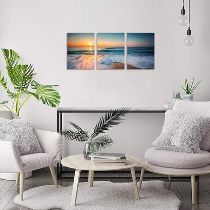 TutuBeer 3 Panels Beach Pictures Wall Art Blue Sea White Beach at Sunrise Pictures Print on Canvas Ocean Pictures Wall Decor Ocean Posters for Walls Stretched and Framed Easy to Hang 12" x 16" x 3