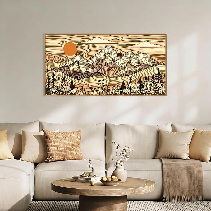 HPNIUB Woodcut Style Mountain Framed Wall Art Set,Abstract Wilderness Forest Wall Decor,Vintage Boho Sunset Art Print,Brown Line Nature Forest Scenery Artwork for Living Room, Bedroom,Office-20 x40