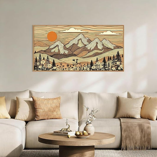 HPNIUB Woodcut Style Mountain Framed Wall Art Set,Abstract Wilderness Forest Wall Decor,Vintage Boho Sunset Art Print,Brown Line Nature Forest Scenery Artwork for Living Room, Bedroom,Office-20 x40