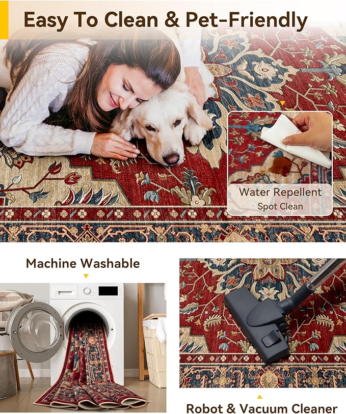 RELEANY Area Rugs 5'x7' Washable Non-Slip, Floral Vintage Distress Print Pattern Medallion Carpet for Living Room Bedroom Dining Room, Red Blue