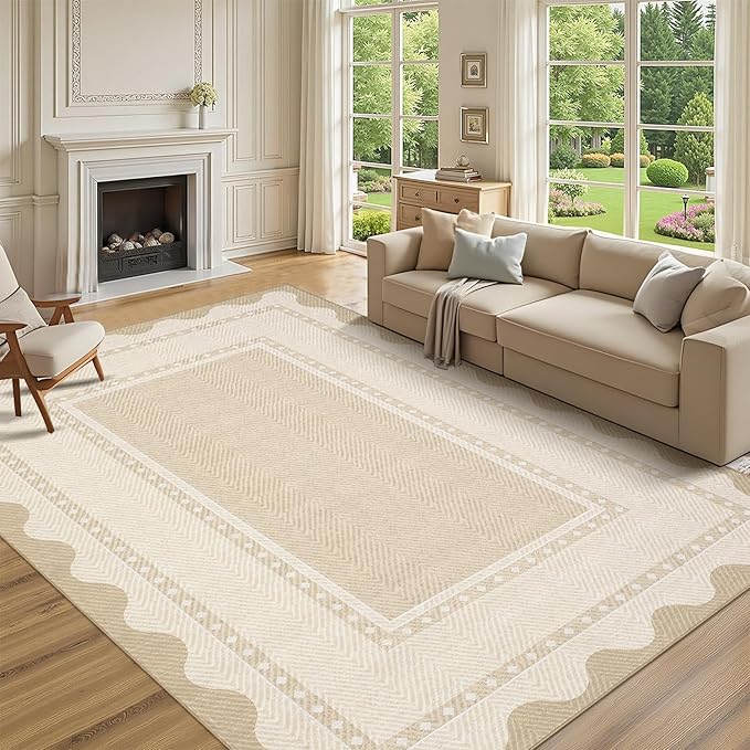 GarveeHome Modern Neutral 9x12 Area Rug Large Washable Rugs for Living Room, Low Pile Non Slip Stain-Resistant Soft Carpet, Contemporary Border Pattern Floor Mats for Home Decor, Beige