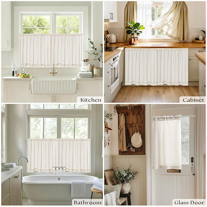 Small Curtains for Kitchen Windows 24 Inches Linen Natural Curtains Privacy Light Flitering Rod Pocket Drapes Rustic Boho Window Treatment for Laundry RV Campers, 2 Panels, 50x24 Inch