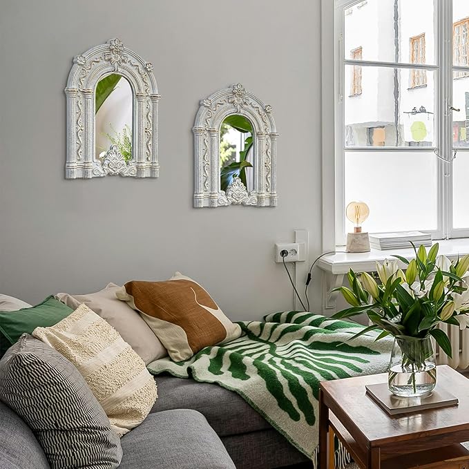 2 Set Wood Carved Window Mirrors 3D Relief Arched Wall Decor Roman Column Antique Home Accent Small Decorative Mirrors for Living Room, Bathroom, Entryway